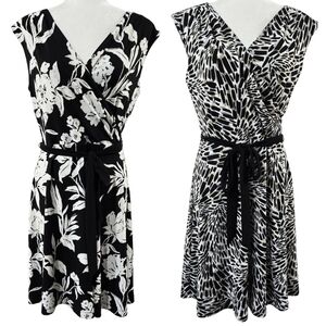 White House Black Market Reversible Black Floral Belted Surplice Neck Dress